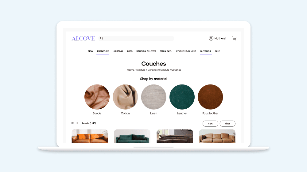 Bloomreach showing how their product can configure facets by category to enhance user experience and improve search engine optimization